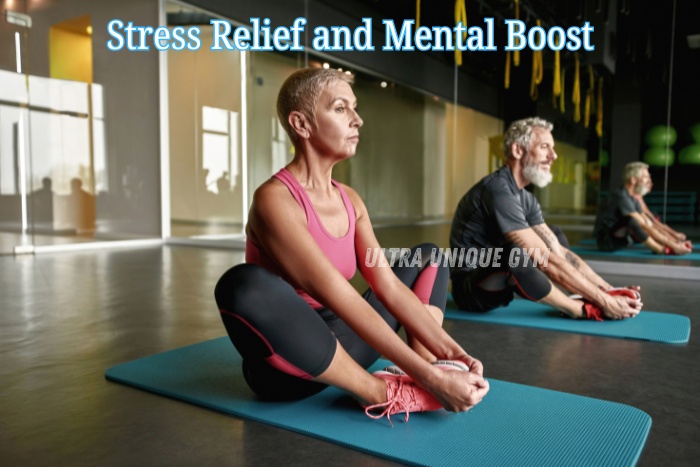 Senior fitness members practicing yoga for stress relief and mental wellness at Ultra Unique Gym in Dindigul