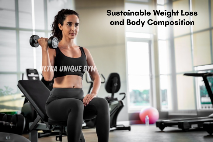 A woman performing dumbbell curls for sustainable weight loss and body composition at Ultra Unique Gym in Dindigul