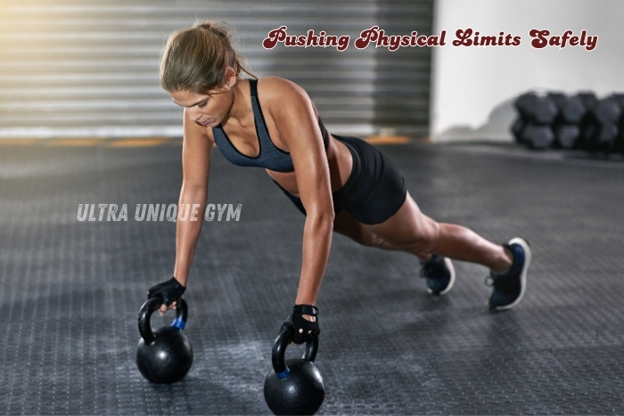 A woman performing kettlebell push-ups for strength and endurance at Ultra Unique Gym in Dindigul, focusing on pushing physical limits safely